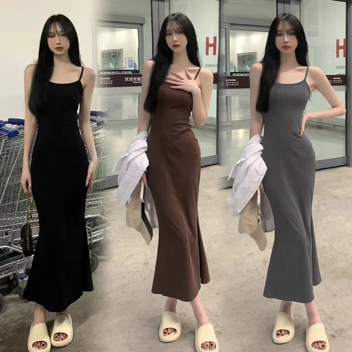 甜辣妹無袖收腰露背吊帶連衣裙女夏季純欲氣質魚尾包臀裙