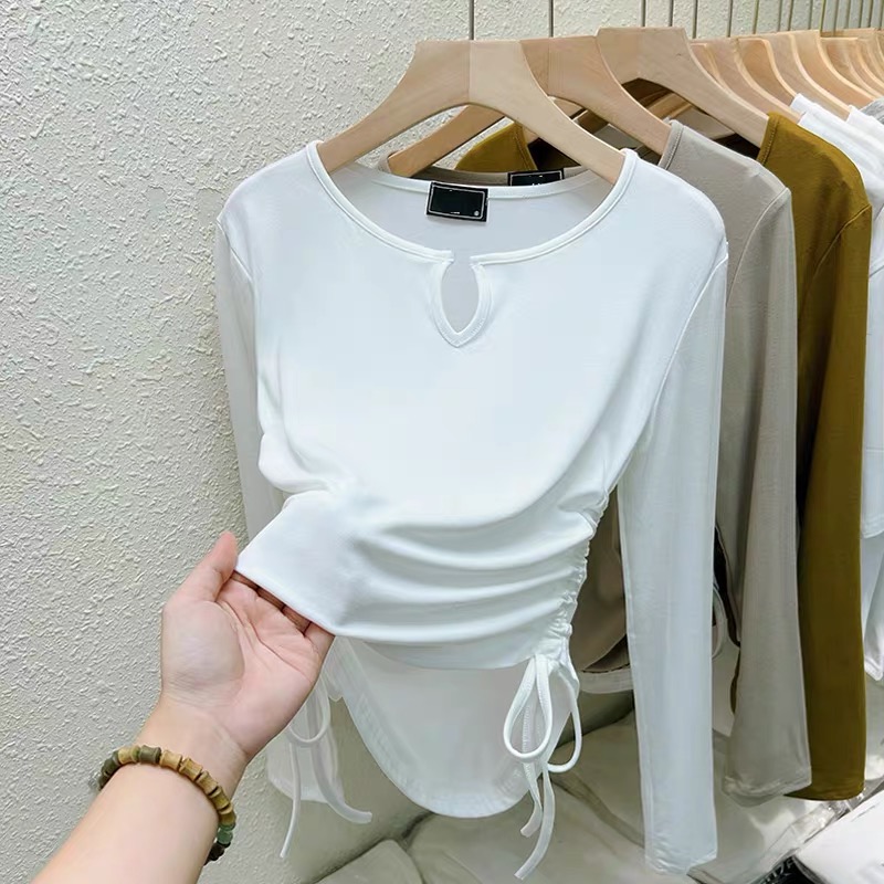 白色打底衫女2024秋冬新款小眾設計感圓弧下擺抽繩上衣長袖T恤衫