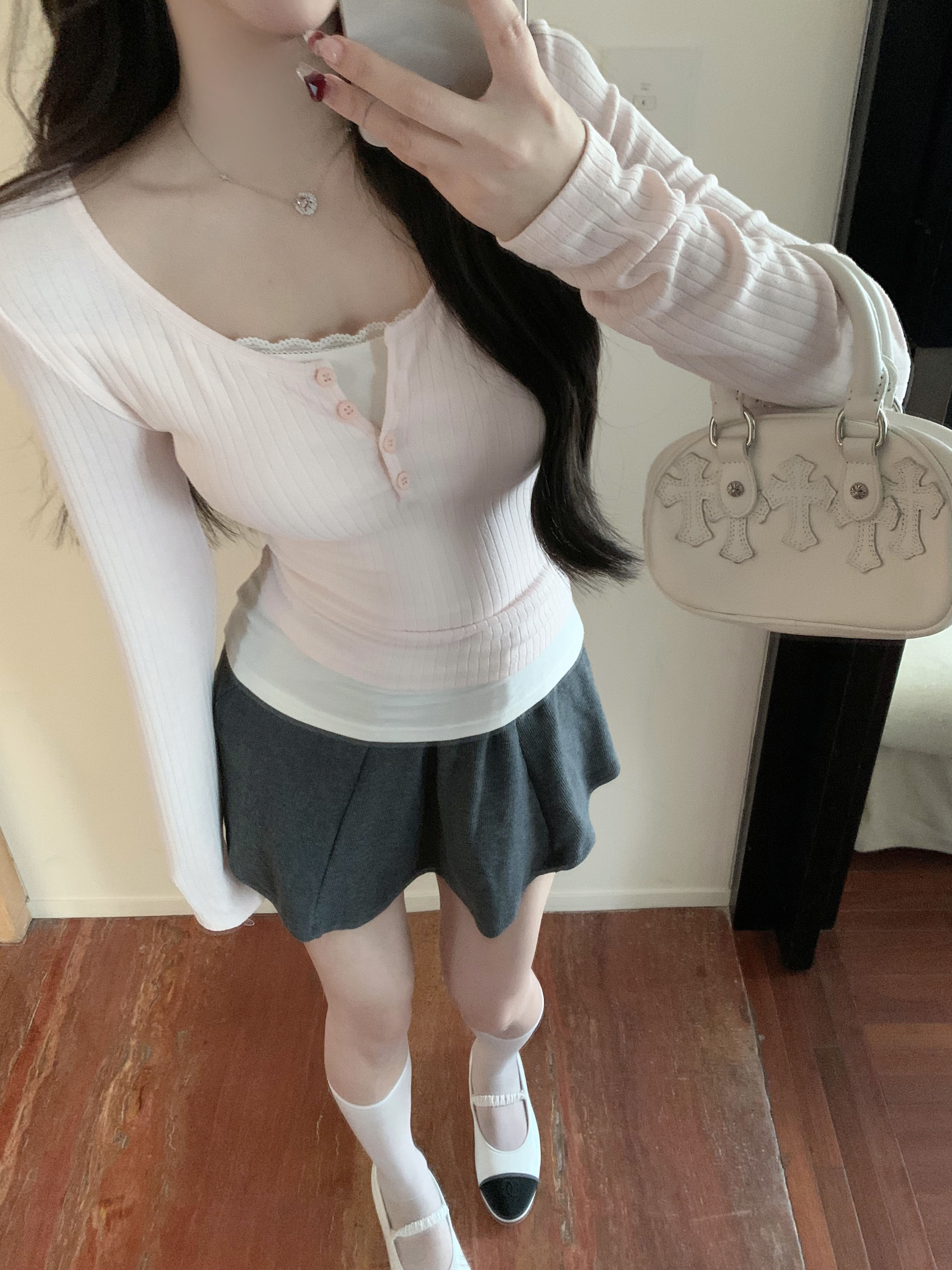 實拍~半熟甜心 輕芭蕾彈力修身上衣疊穿顯瘦長袖T