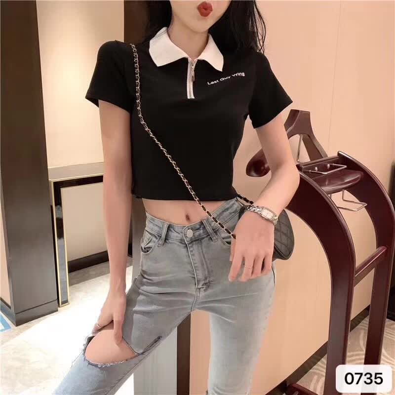 夏季新款韓版時尚緊身露臍流行Polo短袖衫上衣女
