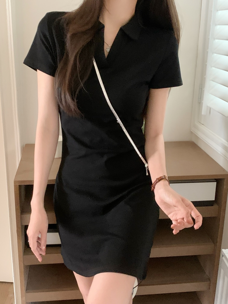 實拍  40支純棉 2024夏裝polo領連衣裙女小黑裙修身