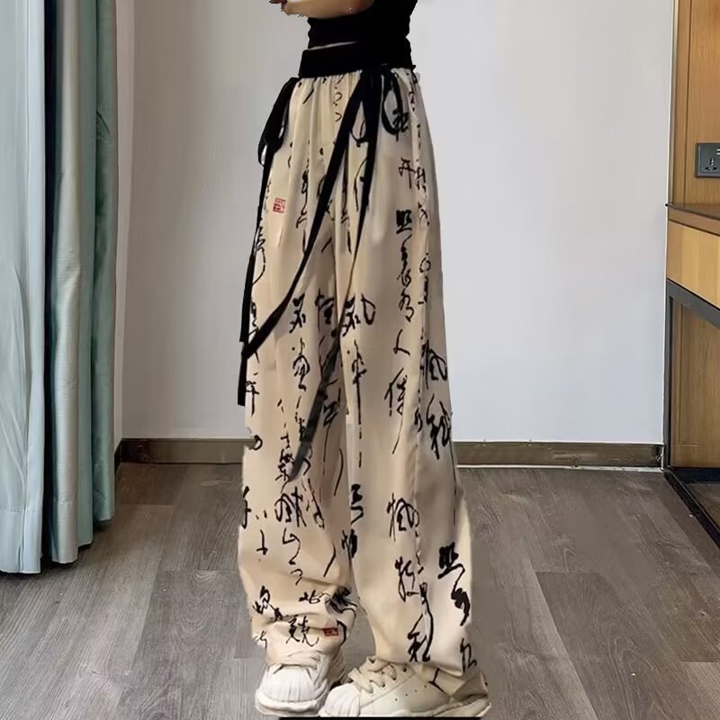 新中式復古飄帶闊腿長褲女夏新款寬鬆垂感鬆緊高腰抽繩休閒拖地褲