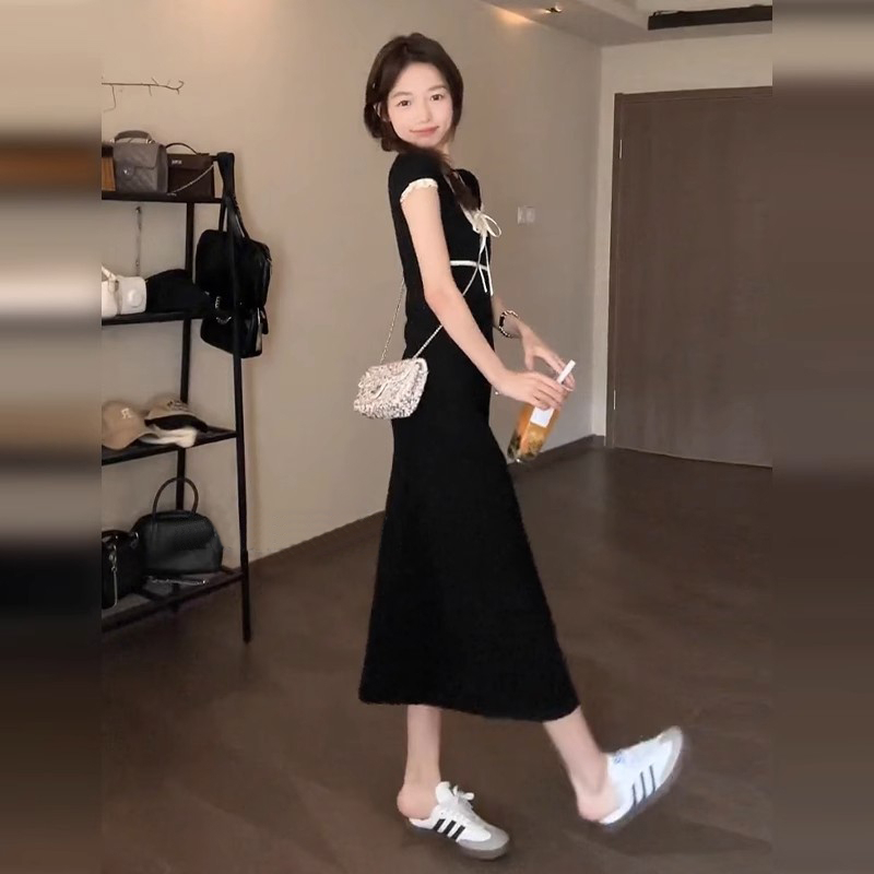 純棉 法式高級感黑色顯瘦方領連衣裙子連衣裙夏季甜a字長裙子女