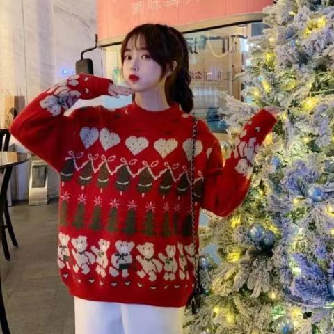 紅色聖誕雪花保暖毛衣女韓版寬鬆外穿套頭針織衫厚女潮