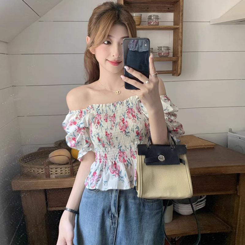 原版做工大碼溫柔甜美一字肩黑色碎花襯衫女夏季胖妹妹顯瘦上衣