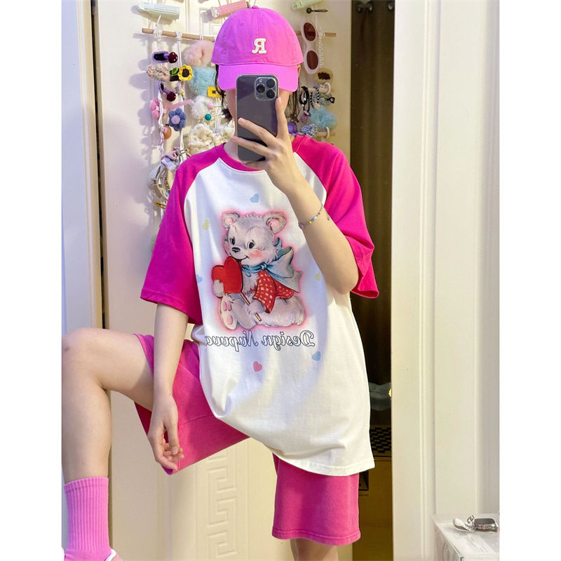 美棉玫紅色短褲 休閒套裝 200純棉包肩包領牛角短袖