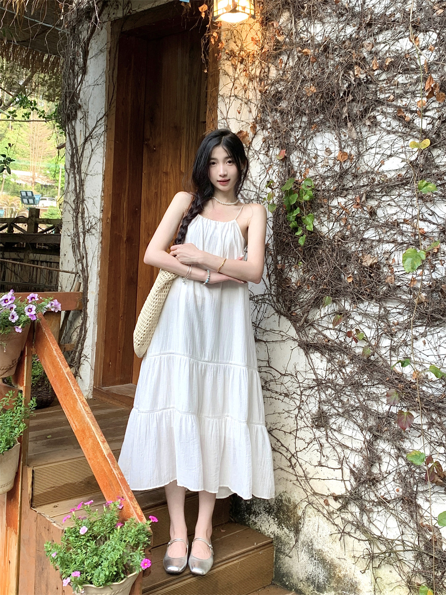 實拍 新款法式溫柔海邊度假拼接蕾絲吊帶寬鬆連衣裙長裙子女