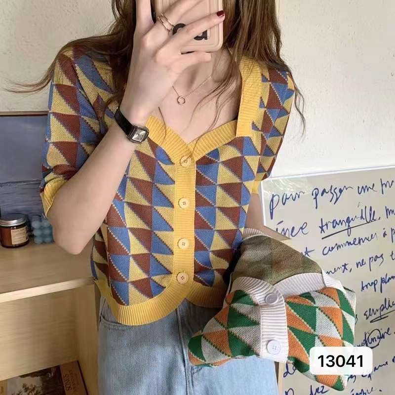 夏季新款韓版復古菱格排扣開衫短袖上衣女