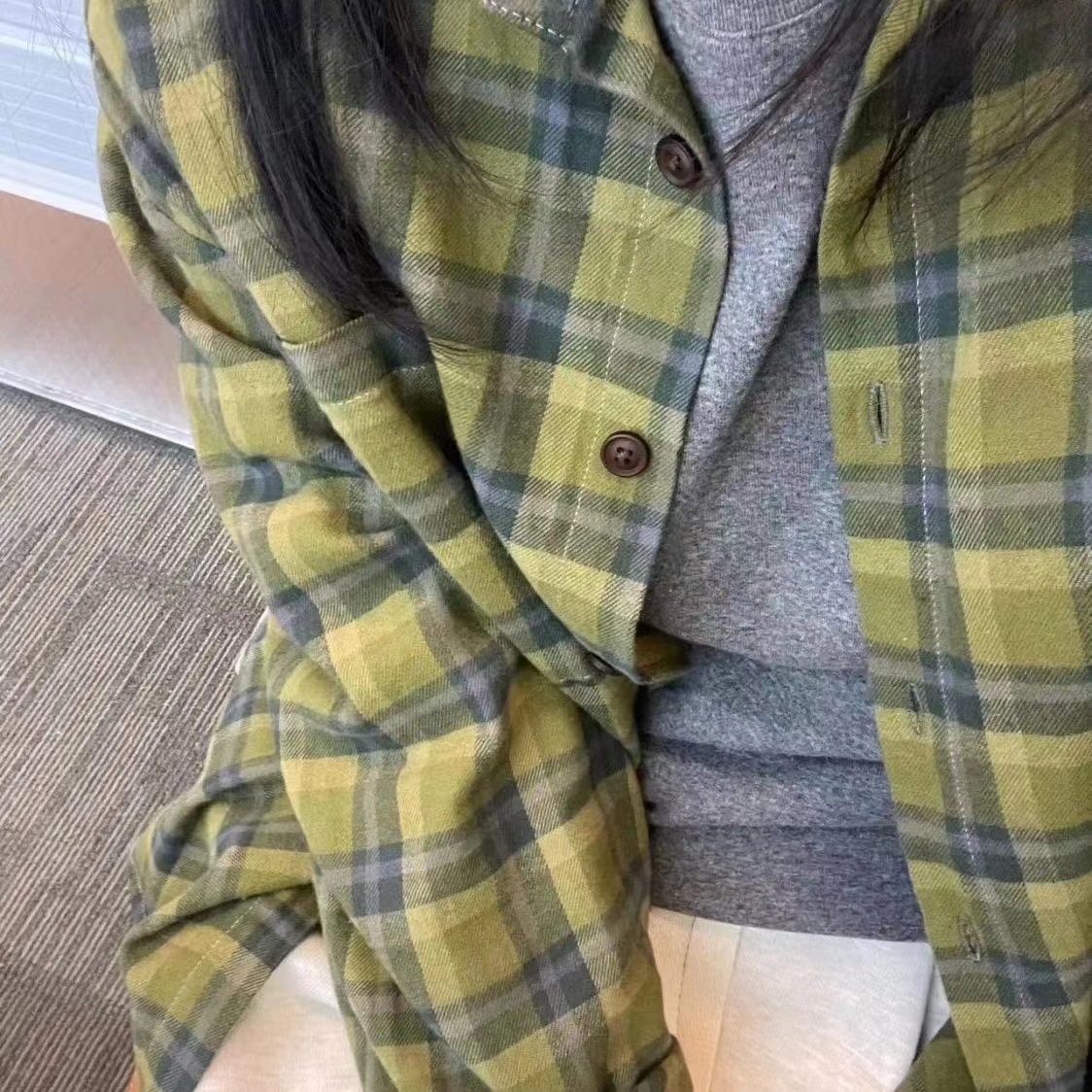 新品2024港風綠色格子襯衫外套女春秋季寬鬆bf慵懶風oversize