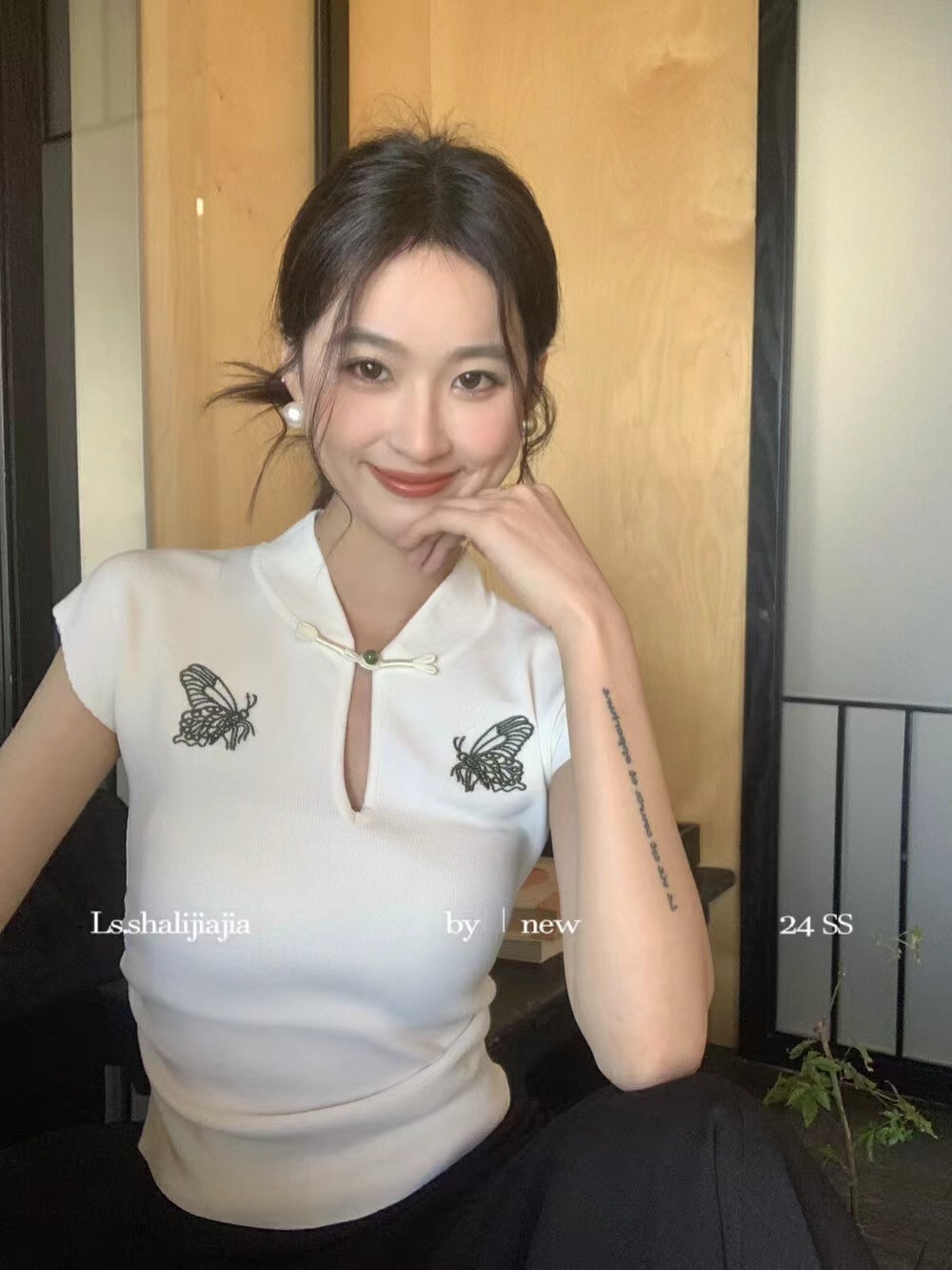 LS春季立領蝴蝶結氣質新中式國風女人味顯瘦修身針織衫上衣
