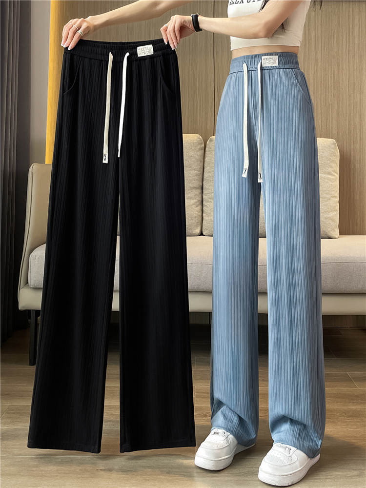 704#-官圖 冰絲羅紋 夏季新款寬鬆闊腿抽繩休閒百搭長褲女
