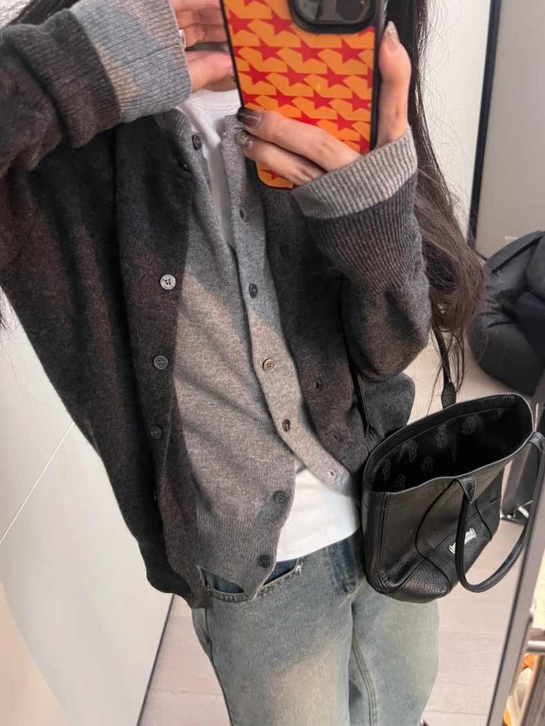 灰色假兩件針織開衫毛衣外套女春季圓領撞色拼接毛衣上衣