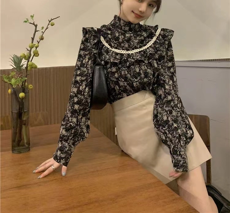 法式復古碎花襯衫女春秋設計感小眾立領木耳邊拼接襯衣別致上衣潮