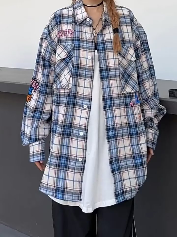 街頭復古拼色格子長袖襯衫男女潮牌寬鬆情侶休閒百搭襯衣