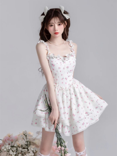 SISI sauce summer new sweet style ins super fairy floral suspender dress princess skirt student short skirt