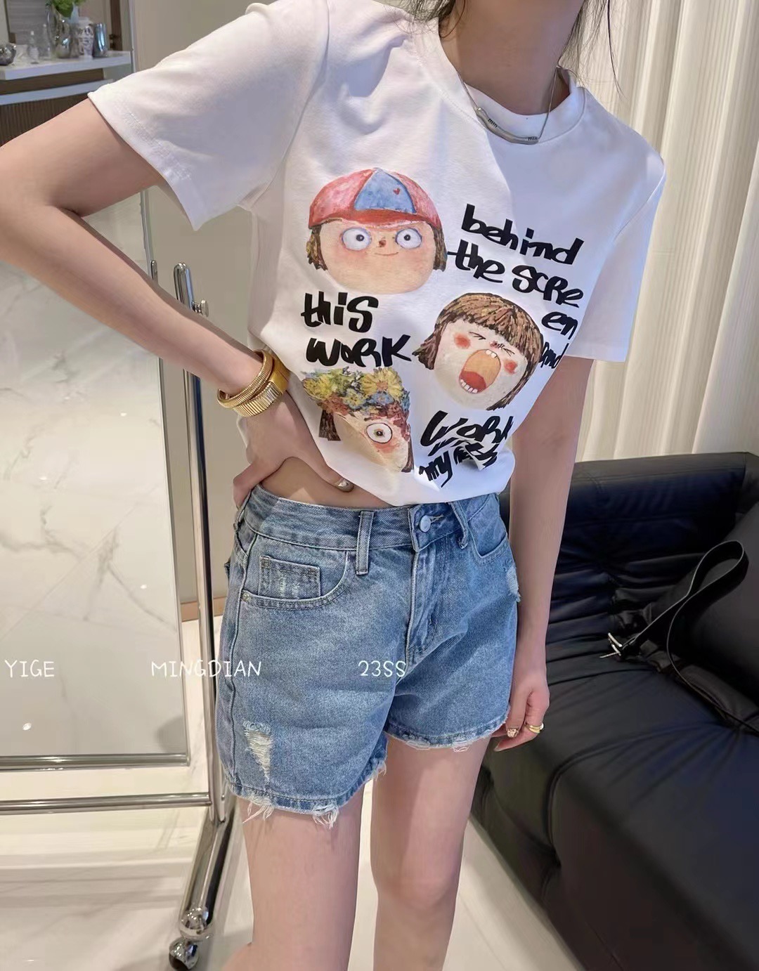水立坊韓國東大門夏季新款短款圓領純棉印花休閒百搭彈力短袖T恤