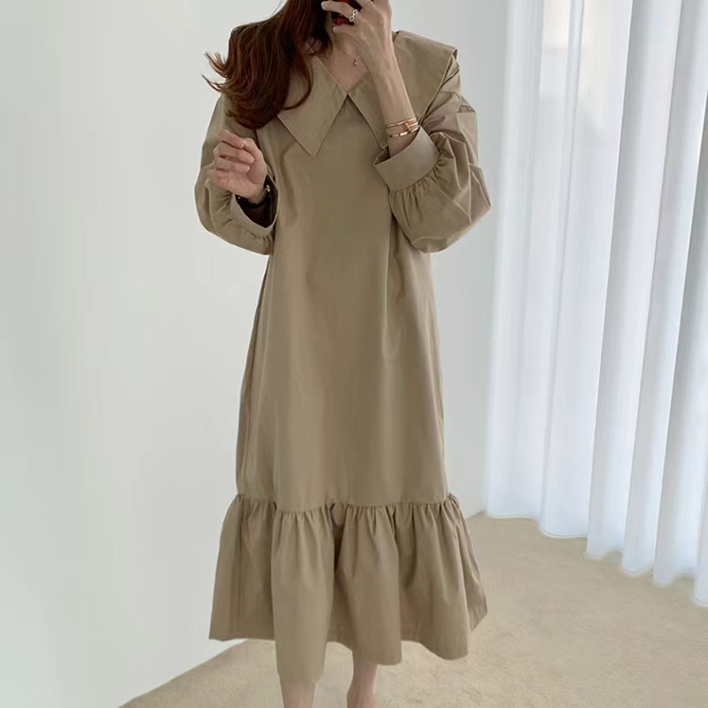 韓國chic小眾復古明線海軍領寬鬆遮肉顯瘦長款燈籠袖連衣裙女