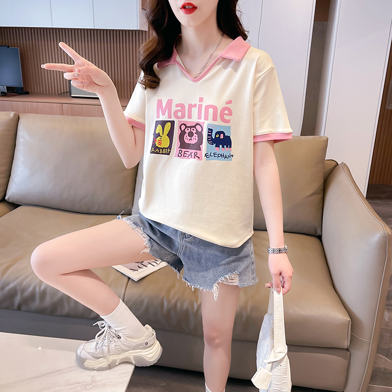 實拍 設計感新款百搭短袖T恤女夏季2024韓版寬鬆polo領上衣潮