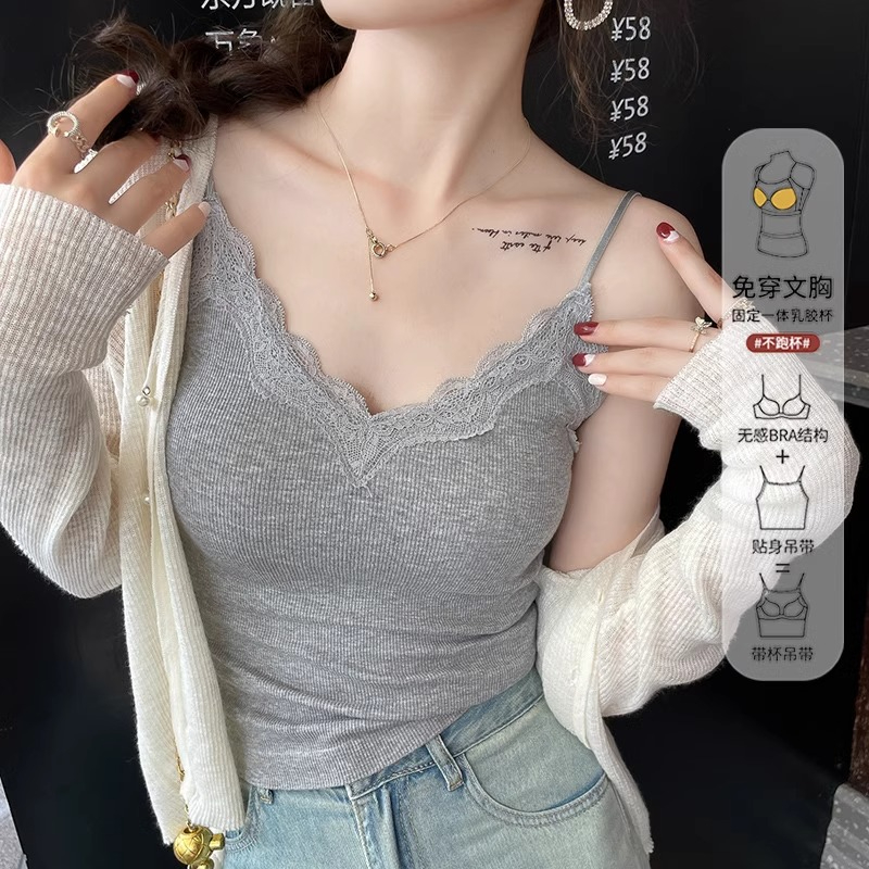 Beautiful back lace camisole women's summer outer wear 2024 new style inner wear with chest pad all-in-one bottoming v-neck top
