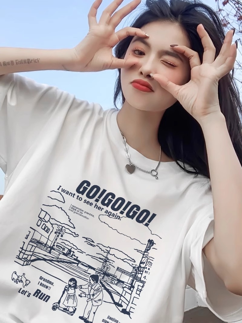 高質量純棉220克精梳緊密手感好直播品質前印花短袖t恤女