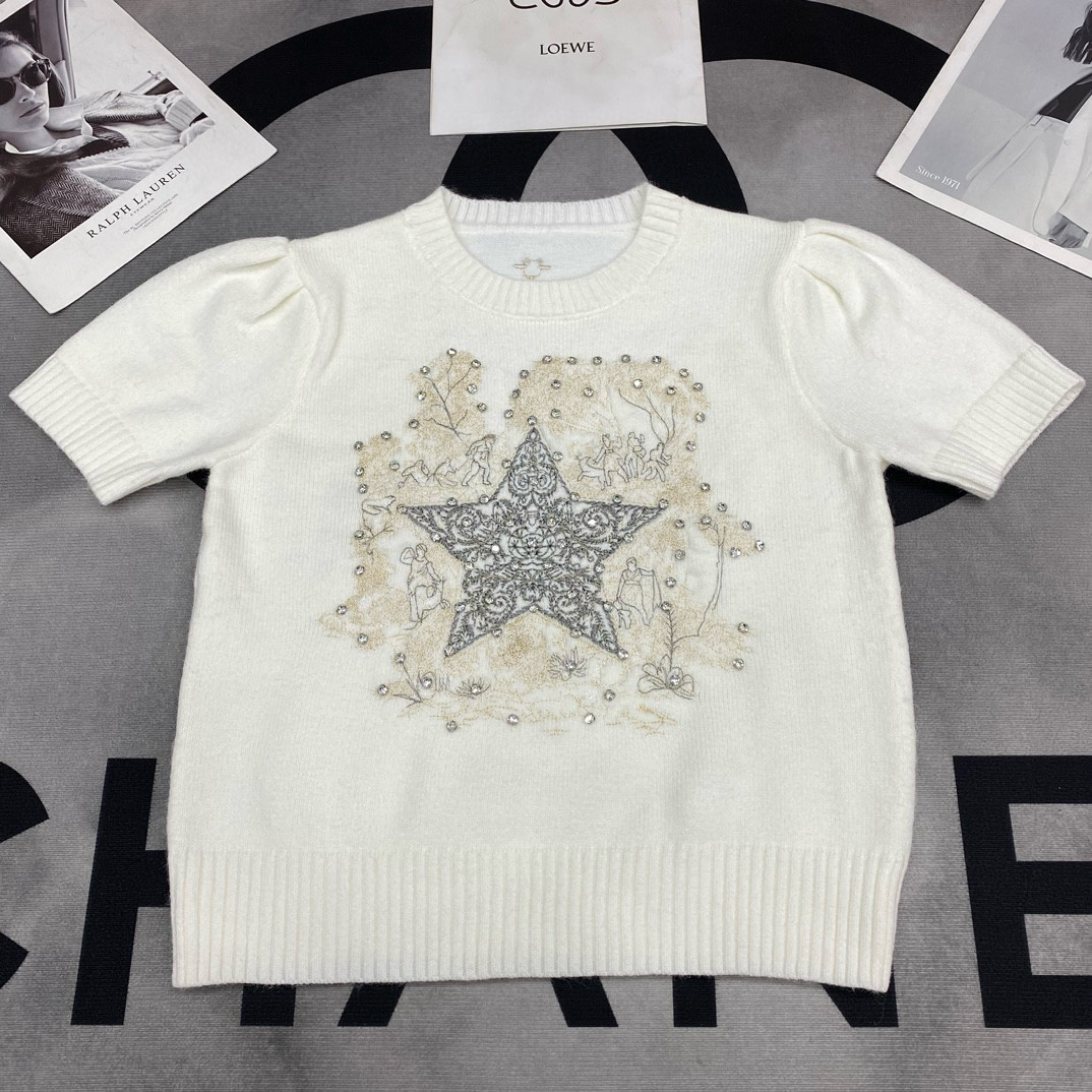 24早春新款重工五角星刺繡釘鑽短袖圓領套頭上衣百搭休閒針織衫