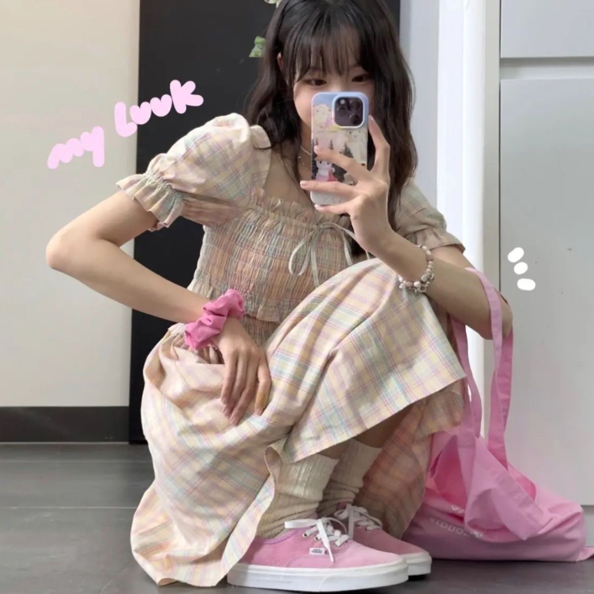 溫柔風甜美泡泡袖收腰短裙法式初戀學院風奶甜格紋連衣裙子女夏季