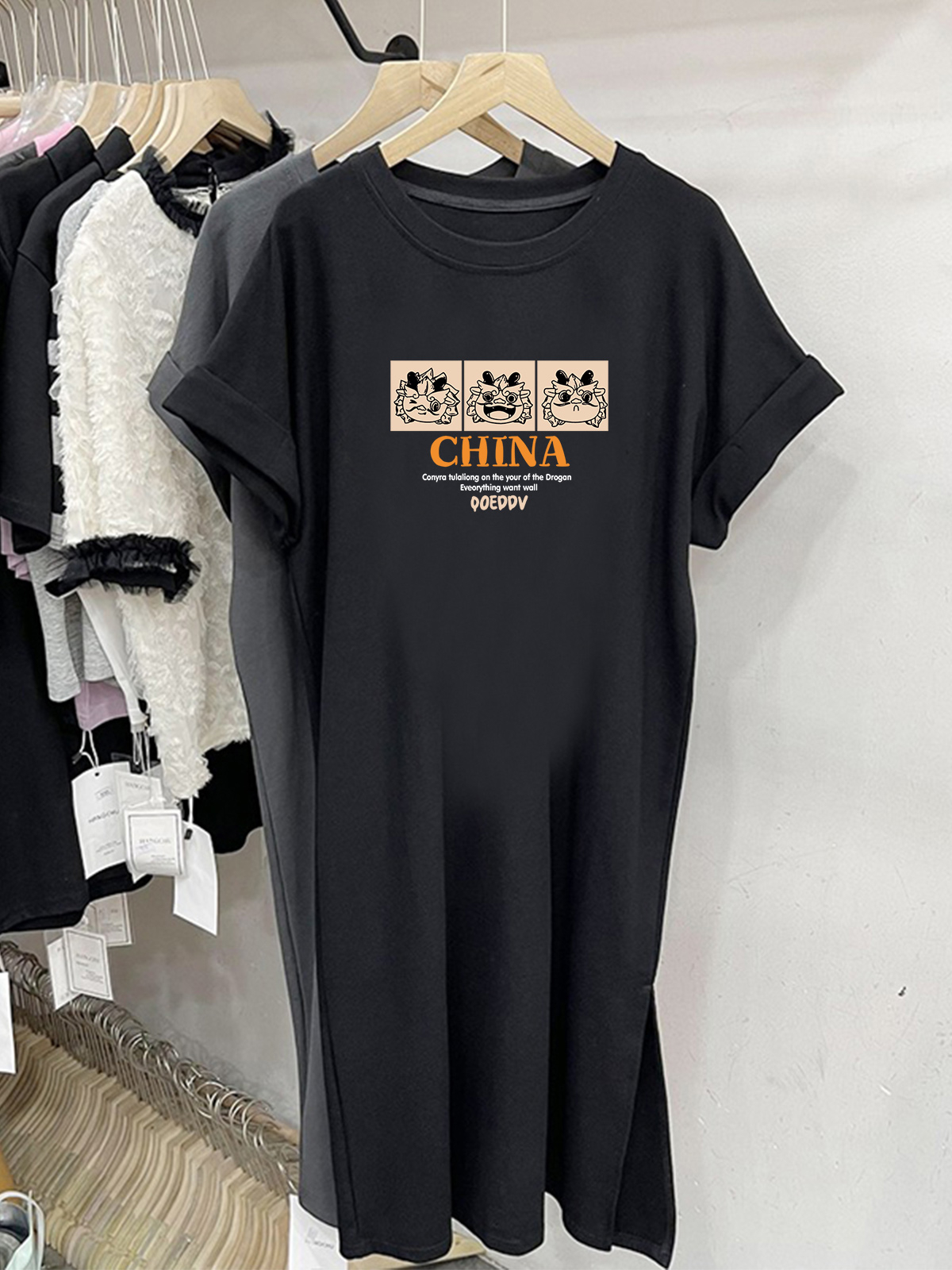 2024新款慵懶風韓版休閒連衣裙中長款韓系字母印花t恤連衣裙女夏