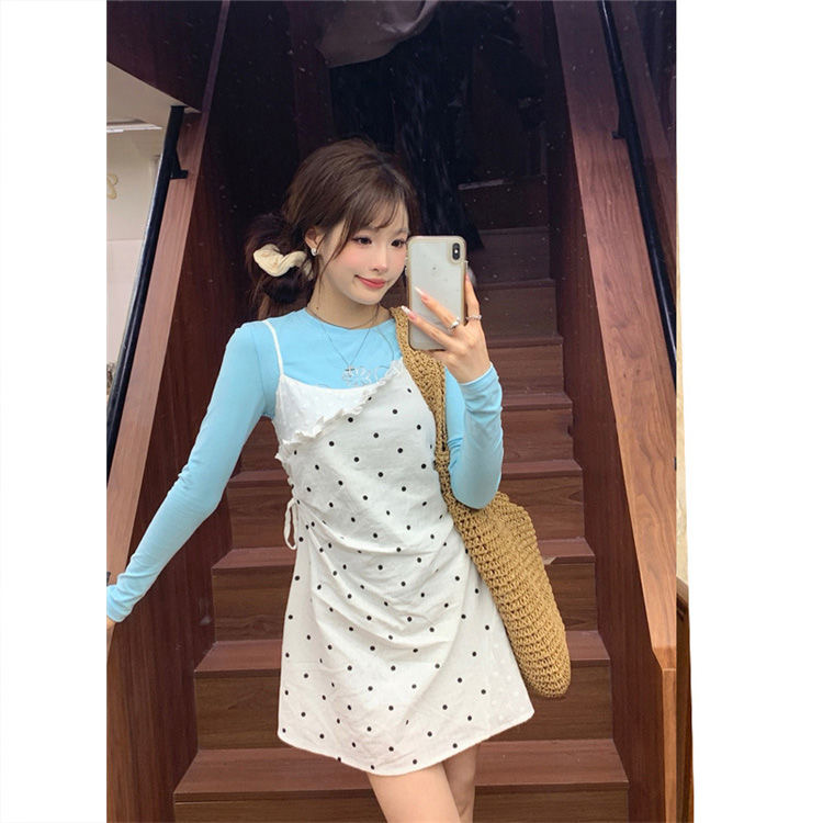 甜美套裝女2024春季內搭打底T恤上衣+疊穿波點吊帶連衣裙兩件套潮