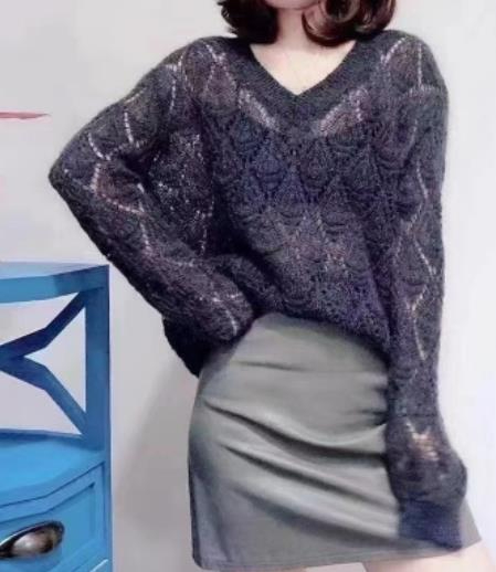 歐洲站春新款海馬毛毛衣潮街頭女 寬鬆慵懶風鏤空V領針織衫薄