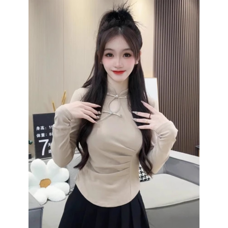半高領新中式國風盤扣T恤打底衫女春季2024新款修身內搭長袖上衣