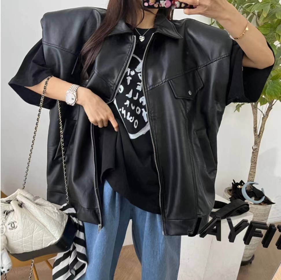 Korea Dongdaemun 24 spring slim lapel casual zipper pu loose vest jacket top for women