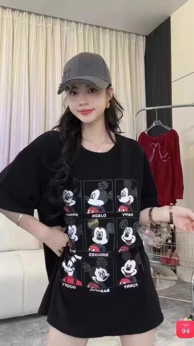 2024春夏新款重工刺繡九宮格米奇甜美圓領短袖T恤女上衣