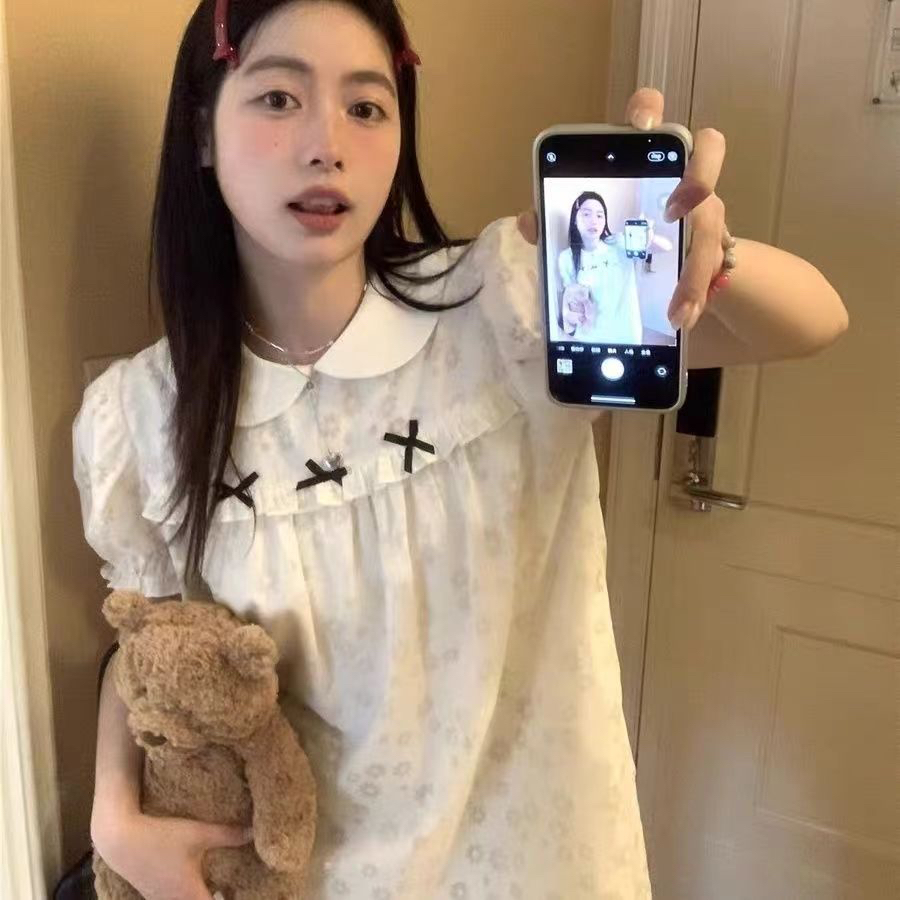 泡泡袖連衣裙女學生夏季新款甜美小個子短款短裙子