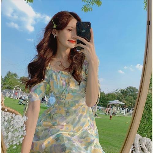 2024夏季新款裙子女裝短袖氣質高腰a字法式綠色方領碎花連衣裙