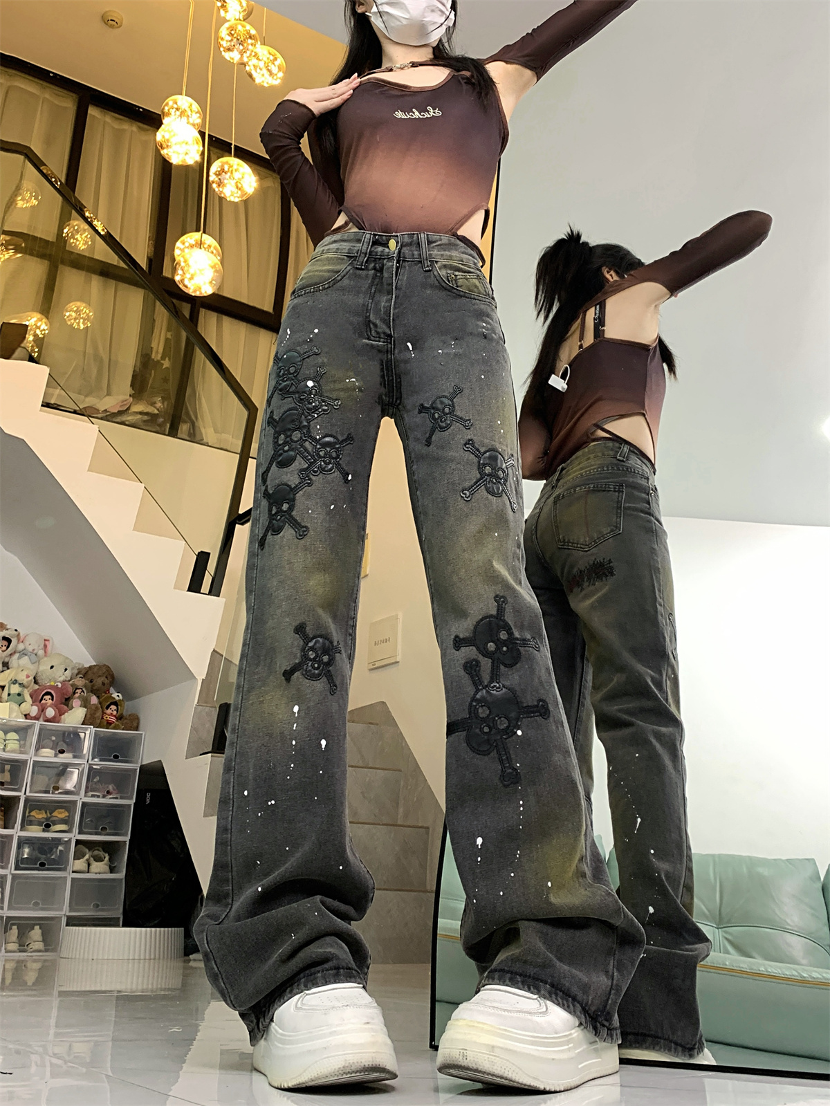實拍~美式復古高腰潑墨骷髏貼皮刺繡顯瘦修身牛仔褲