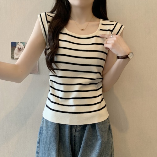 Real shot of fat girl large size striped square collar flying sleeves sweater vest design niche slimming western style top