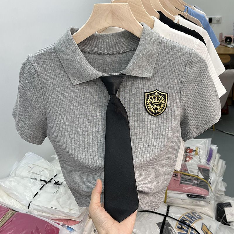 別致chic甜辣妹短款小個子露臍polo領衫上衣短袖t恤女夏