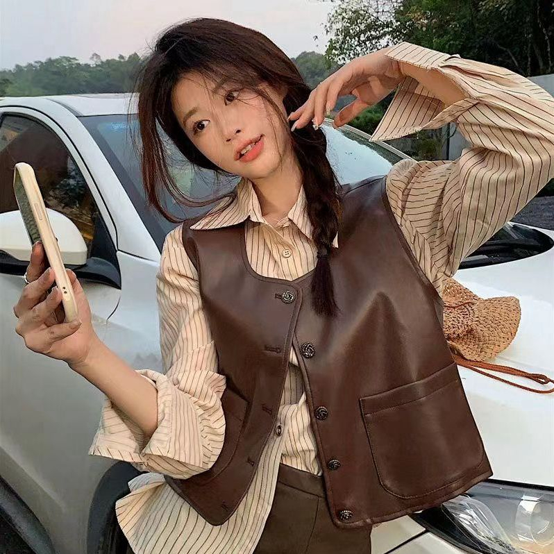韓系復古無袖PU皮外套女裝2024春秋新款外穿寬鬆馬甲背心短款上衣