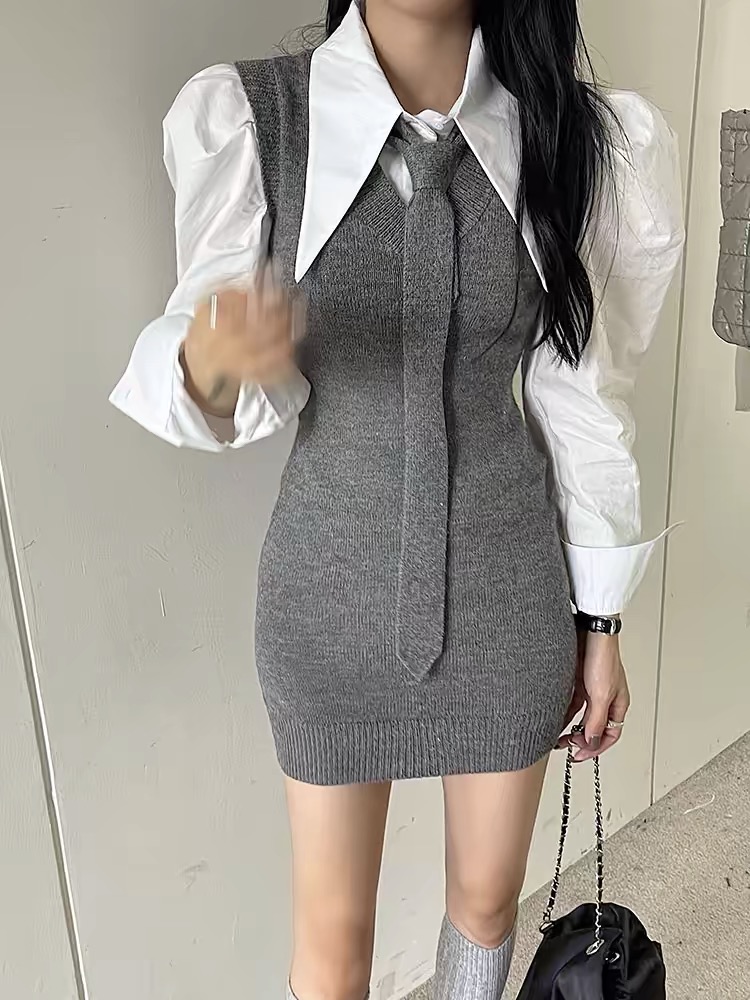 韓版學院風灰色系帶長袖針織連衣裙女春季中長款兩件套裙子