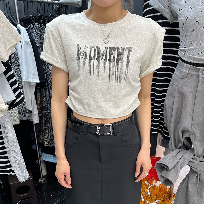 MIUKO家2024夏季新款復古字母印花短袖正肩T恤女露腰性感短款上衣