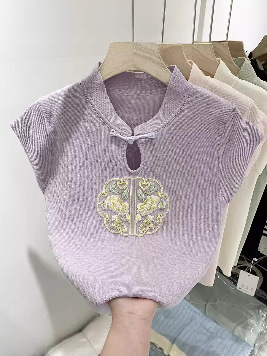新中式國風刺繡冰絲短袖t恤女夏2024新款設計感復古氣質盤扣上衣