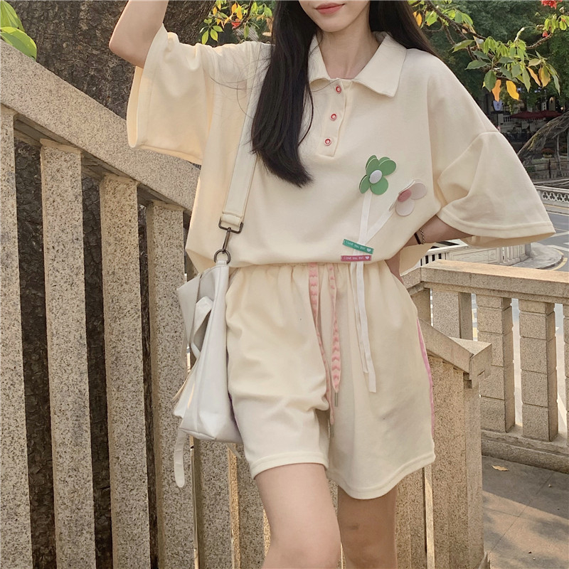polo領短袖T恤女夏季2024新款學院風設計感立體小花寬鬆體恤上衣