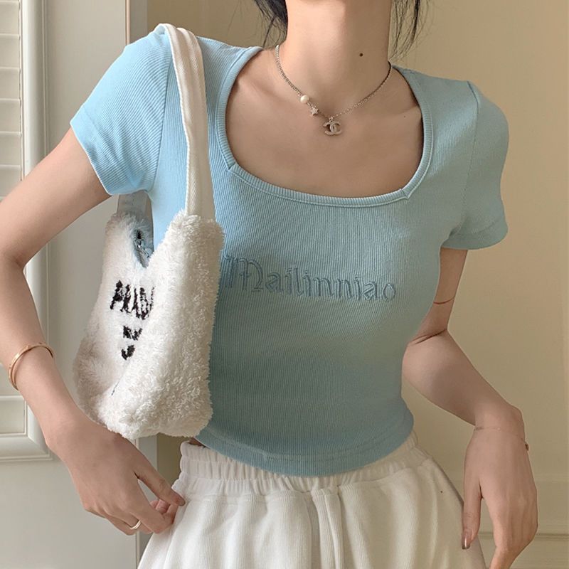 短款甜辣上衣女夏季短袖T恤字母刺繡設計感小眾露臍方領上衣