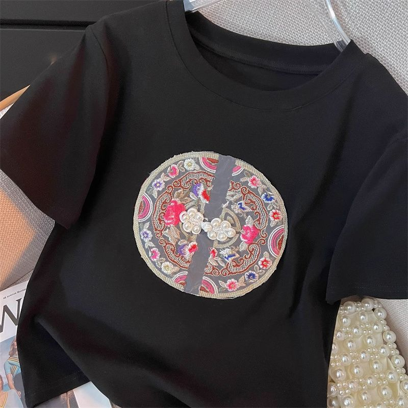 中國扣 國風刺繡短款圓領短袖t恤 純棉包肩領 刺繡