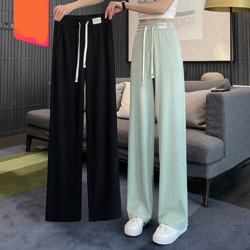 百褶條窄版闊腿褲女夏季高腰運動褲小個子垂感顯瘦休閒拖地直筒褲