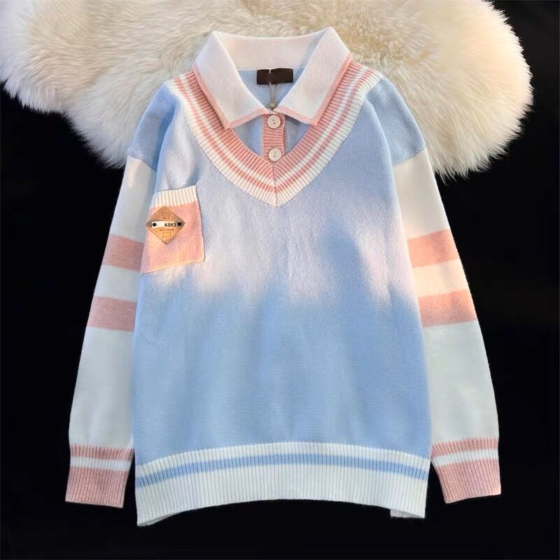 Sweater women's autumn and winter polo collar milk blue college style Japanese style lazy style soft waxy sweater