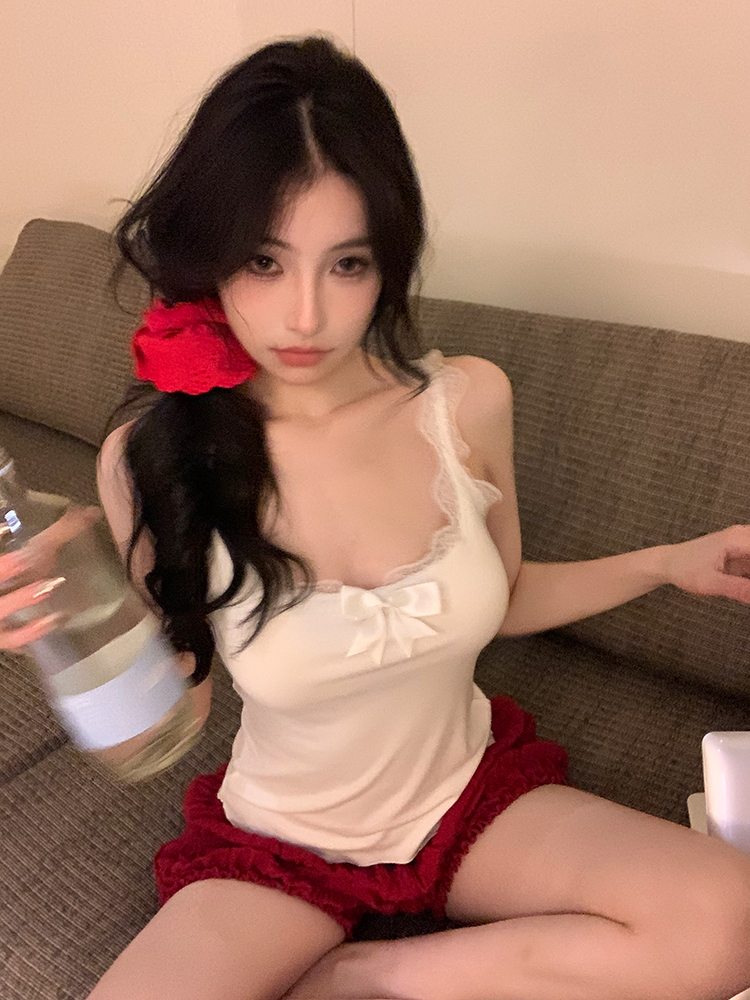 實拍 小眾設計swimcity辣妹純欲蕾絲拼接吊帶蝴蝶結短款背心