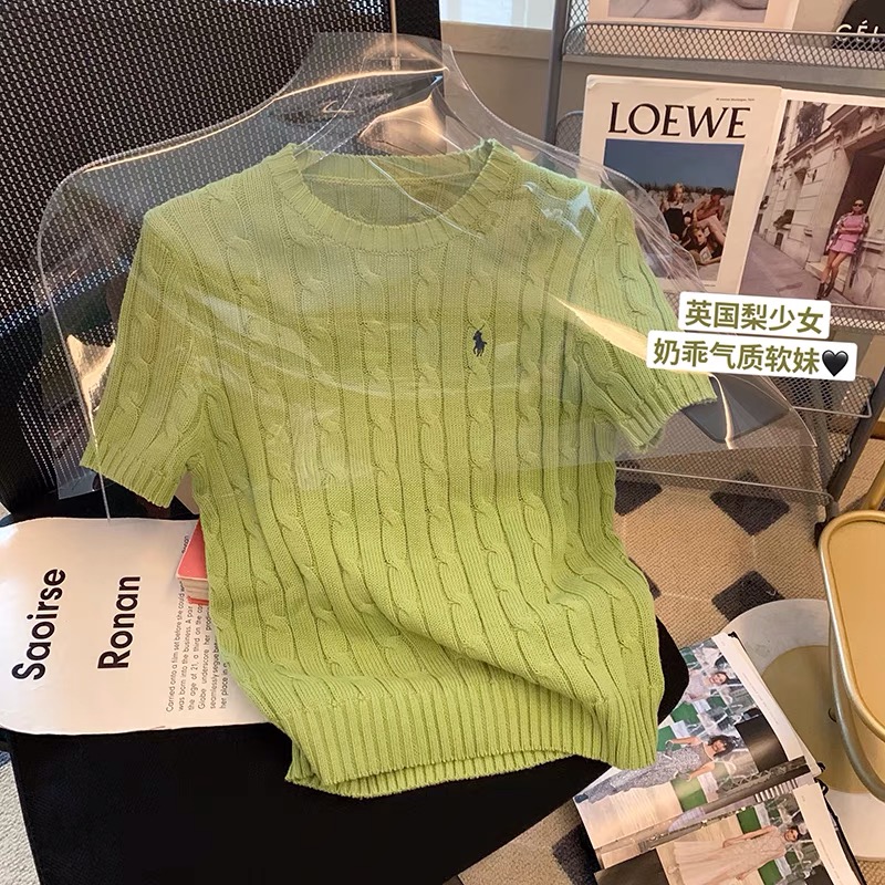 夏季穿搭系小馬刺繡麻花毛衣短袖針織衫女上衣歐貨粉色T恤衫~