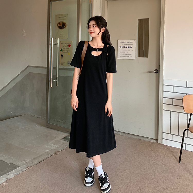 辣妹鏤空純色連衣裙女夏裝新款胖mm黑色收腰簡約氣質長裙子潮