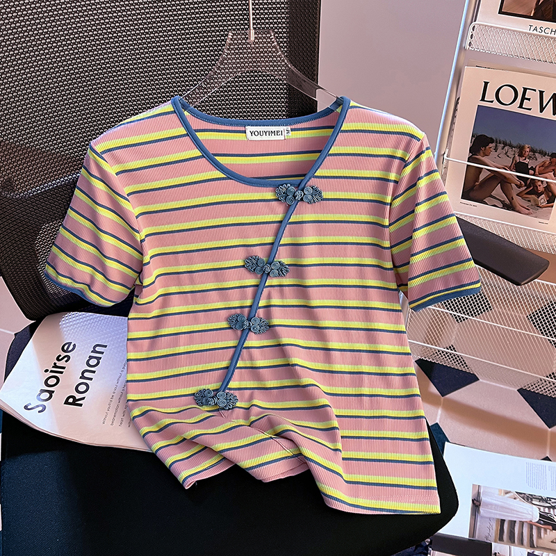 Actual shot of the new summer new country trendy short-sleeved T-shirt for women, slimming, striped temperament top, bottoming shirt, trendy